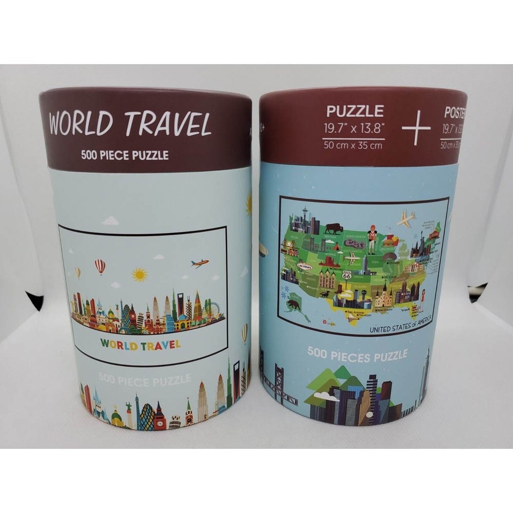 Lot of (2) 500 Piece Puzzle -19.7” x 13.8”  World Travel + USA New Sealed